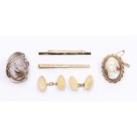 A collection of 9ct gold set jewellery to include an oval golden rutile quartz brooch, size approx