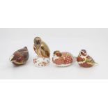 4 Royal Crown Derby Bird paperweights comprising Kingfisher with gold stopper, Asiatic Pheasant,
