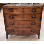 George III rose mahogany bow front chest of two above three drawers with knob handles, on bracket