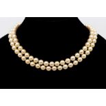 A double row cultured pearl and 9ct gold necklace, comprising a double row of regular knotted pearls