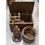 Collection of metal and brass wares including coal box, fireplace items, Islamic watch, jam pan