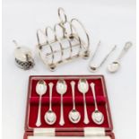 A collection of silver to include: George VI large five bar toast rack, hallmarked by Elkington &