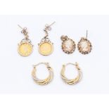 A collection of three pairs of earrings to include a pair set with USA 1853 gold 1 dollar coins, 9ct