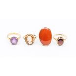 Four 9ct gold stone set rings including carnelian, amethyst, garnet and a cameo ring, sizes M, M1/2,