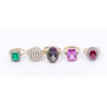 A collection of four 9ct gold and stone set rings to include a synthetic ruby and diamond cluster,