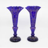 A pair of late Victorian cobalt blue with enamelling detail Bohemian glass vases