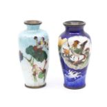 Two Japanese Meji period ginbari enamel posy vases: one decorated with cobalt blue sky body above