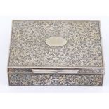 An Italian 800 standard silver mounted cigarette box, the cover and sides profusely engraved with