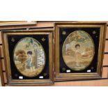 A pair of George III silk pictures, depicting two girls, in gilt frames, size 40x34cms approx good