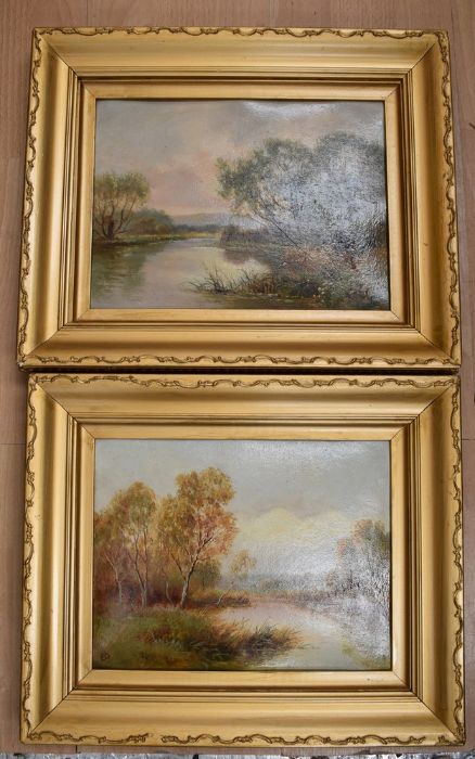 A late 19th Century oil on canvas, 16 x 22cm, of a country cottage scene, framed, along with two - Image 4 of 4