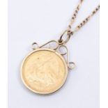 A Elizabeth II Angel 10 ounce coin, mounted in a 9ct gold pendant mount, on a figaro link chain,