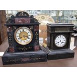 A large Victorian inlaid black marble mantle clock, gilt incised decoration to body, cream and