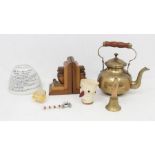 A collectors lot to include: brass Kettle and small bell; a pair of vari wood book end with Owl