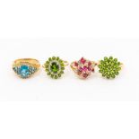 A collection of 9ct gold and stones set dress rings to include a ruby and diamond cluster, size M, a