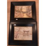 A collection of four modern Chinese stitched silks, in black frames of Eastern scenes