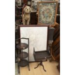 A collection of items including picture, fire screen, small table, cake stand, shelves and a push