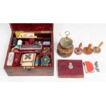 Sewing interest; a large mahogany and brass sewing box, together with dobbins and a thimble holder