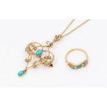 An Edwardian turquoise and seed pearl 9ct gold pendant/brooch, open wire work scrolls set with pearl