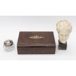 A mid 19th Century burr walnut trinket box, with mother of pearl inlay; a modern Italian bust and