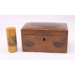 A Mauchline ware tea caddy, from the Athole Plantations Dunkeld, along with Mauchline treen pin box