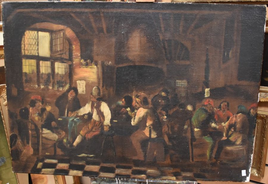 A 20th Century Italian School, oil on canvas of a tavern scene, Scena, by artist Silver, 70 x 100cms