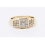 A diamond and 9ct gold cluster ring, the square centre set with nine princess cut diamonds each