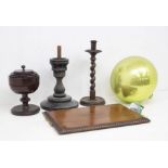 Treen tray, late 19th Century treen tobacco pot, treen barley twist candlestick, and glass ball on