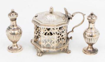 An early Victorian silver hexagonal mustard pot and cover, reticulated sides on cast scroll feet,