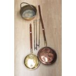 A quantity of metal wares including brass, copper, fire items, jam pan, bed warmers, jugs etc