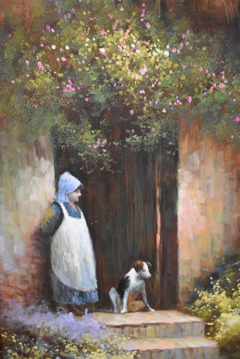 Oil on canvas unsigned picture of a girl and dog, standing outside a country cottage, 49 x 39 cms - Image 2 of 2