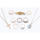 A collection of gold jewellery to include two 18ct gold bands, weight approx 5.7gms, a 9ct gold