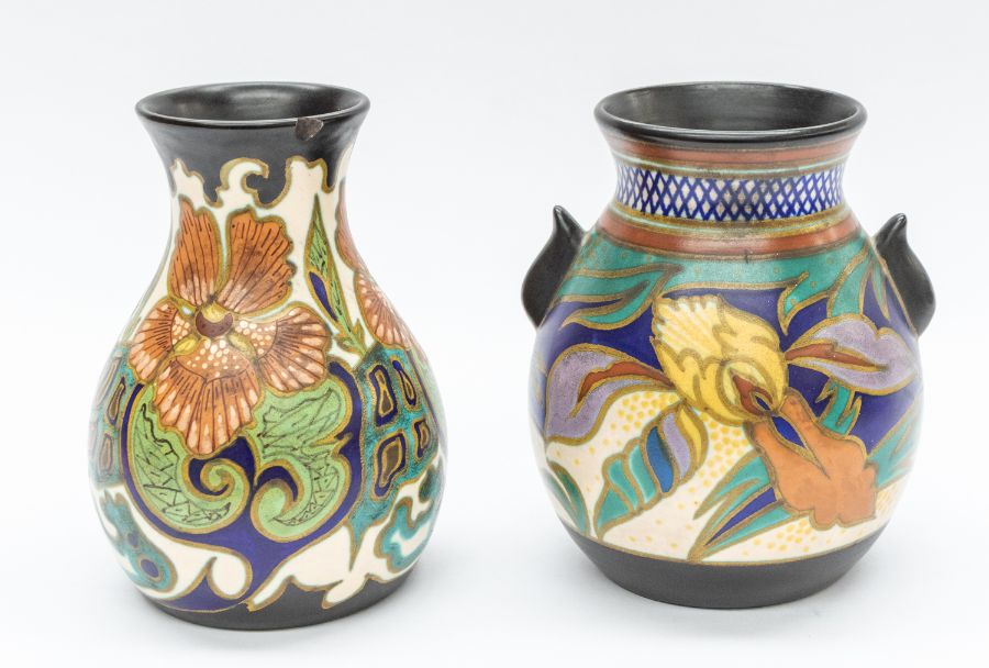 Two mid 20th Century Dutch Gouda vases, one with a chip to the rim