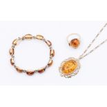 A collection of amber and 9ct gold jewellery to include a bracelet set with oval amber, box clasp,