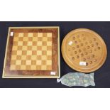 Walnut boxed game compodium along with marbles and a Solitaire game