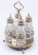 A George III silver circular cruet holder, the border with pierced geometric quatrefoil gallery,
