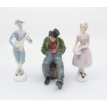 Two Royal Doulton figures including Harlequin and Columbine, along with Crown Staffordshire figure