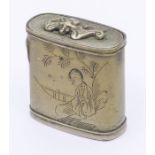 A Japanese silver plated erotica snuff box/vesta sleeve, engraved scenes, the top applied with a