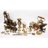 A collection of brass items to include a coal bucket, minting model, miniature miners lamps,