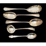 A collection early 20th Century silver spoons to include: Berry style serving spoon, pair of OEP