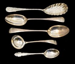 A collection early 20th Century silver spoons to include: Berry style serving spoon, pair of OEP