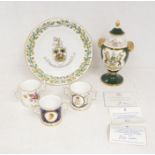 Three Royal Crown Derby twin handled mugs, along with the Caverswall China Company Derby City vase