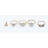 A collection of three 9ct gold and cubic zirconia solitaire rings, varying in size, (some shanks