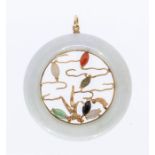 A Jadeite and 14ct gold pendant, the open centre with gold wirework decorated as a koi pond, set