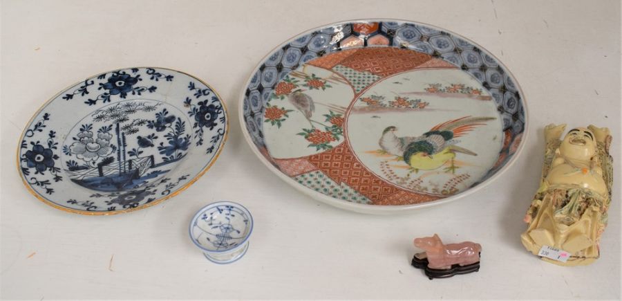 A Chinese 19th Century porcelain charger with bird detail, 18th Century blue and white plate, pink