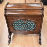 19th Century rose mahogany Canterbury with lift up lid to reveal paper rack, pierced front and back,
