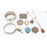 Mixed items including antique and vintage silver jewellery including two white metal bangles, a