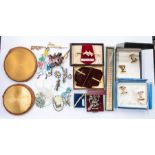 A collection of gents gilt cuff links, costume jewellery, tie clips, compacts etc