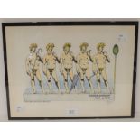 Signed print by Simon Drew of Dartmouth Devon of Michelangelo's bus queue, 27 x 38cm