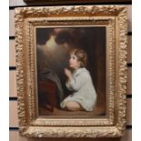 Florence Andrews, 19th Century English School, oil on board of a child in prayer, in gilt gesso