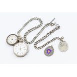 Victorian silver watch chain with two silver fobs, two silver fob watches AF
